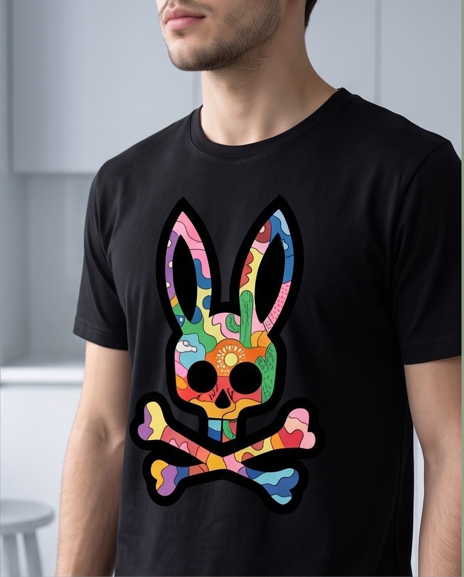 Camiseta Psycho Bunny Conejo Cactus y Sol Multicolor Negra Hombre - Manga Corta Algodón