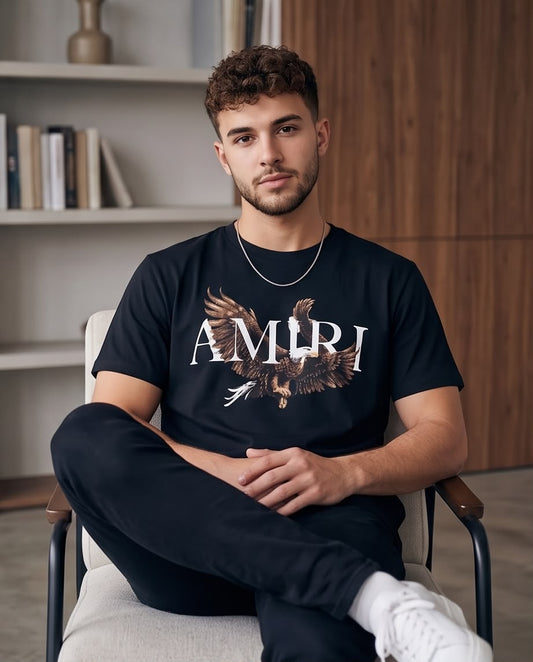 Camiseta Amiri Logo Aguila Realista Negra Hombre - Manga Corta Algodón