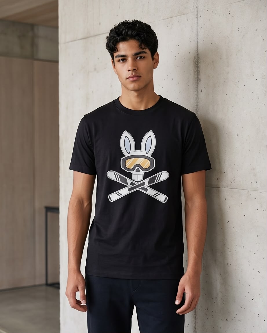 Camiseta Psycho Bunny Logo Ski Aventura Negra Hombre - Manga Corta Algodón