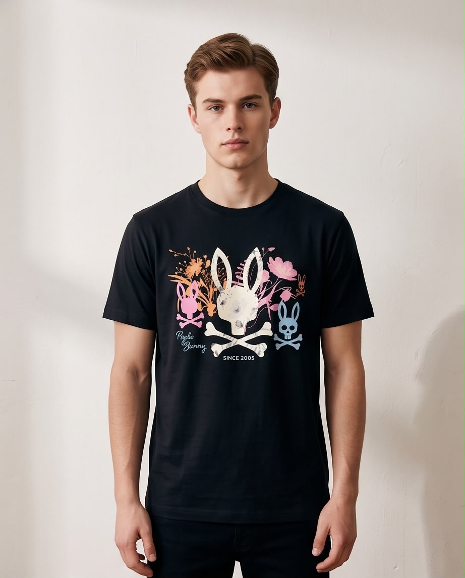 Camiseta Psycho Bunny Logo Floral Since 2005 Negra Hombre - Manga Corta Algodón