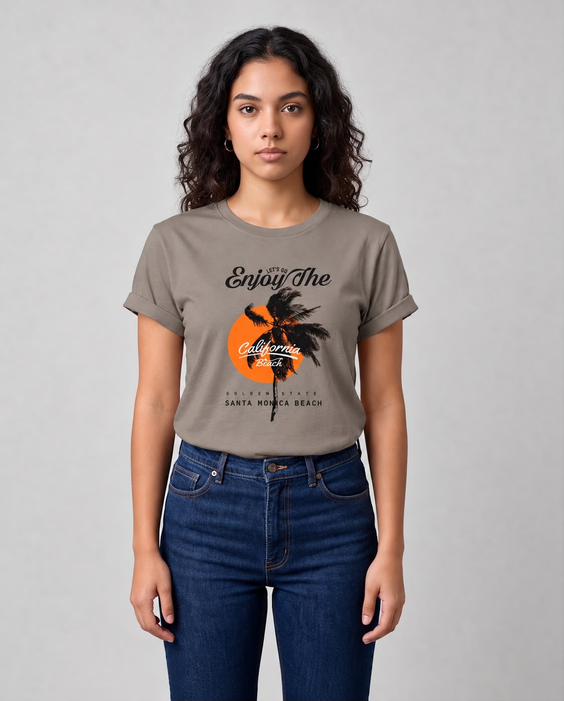 Camiseta Mujer California Beach Palmera y Sol Verde Cromo