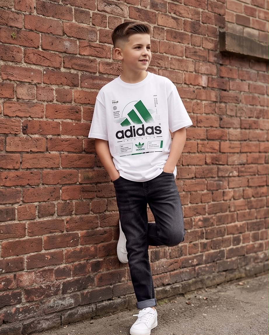 Camiseta Adidas Originals Niños EST. 1949 Blanca - Lifestyle caminando