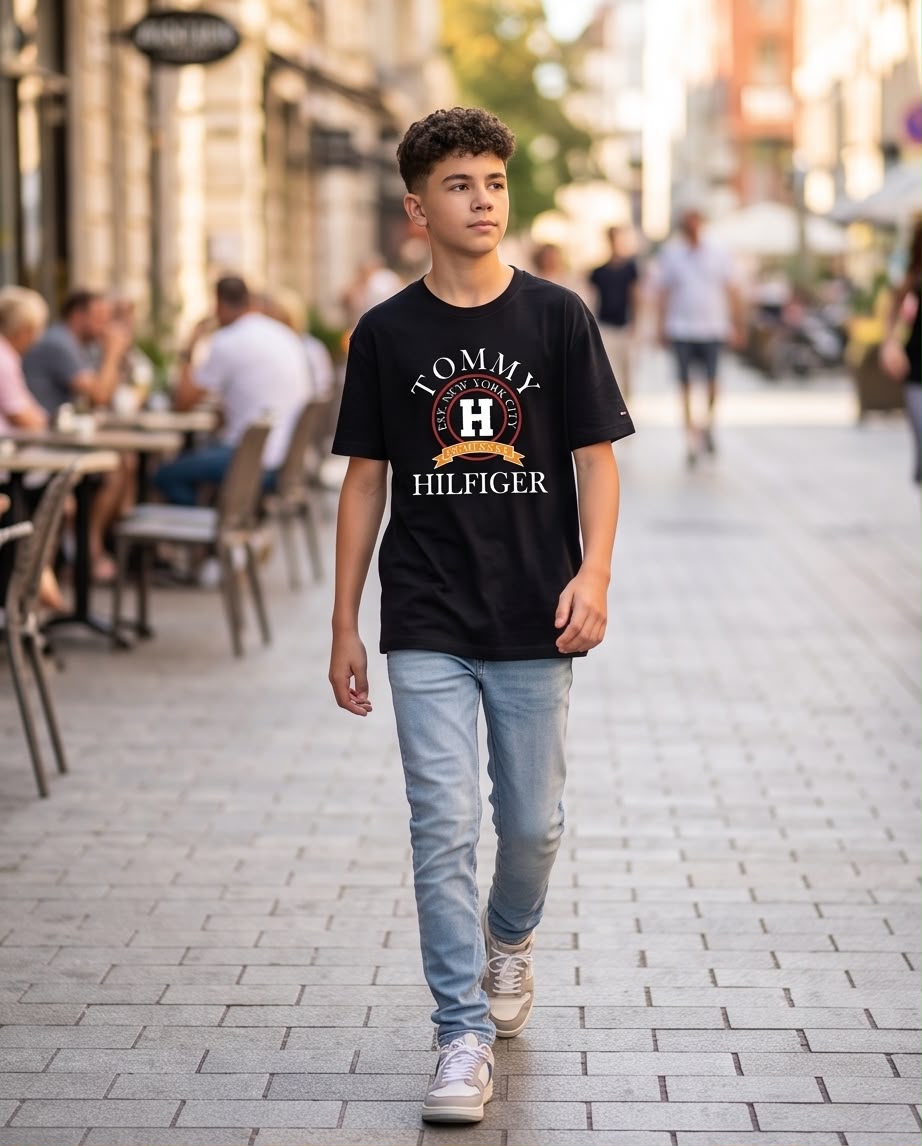 Camiseta Tommy Hilfiger Niños Varsity Crest NYC Negro - Lifestyle frente muro hormigón