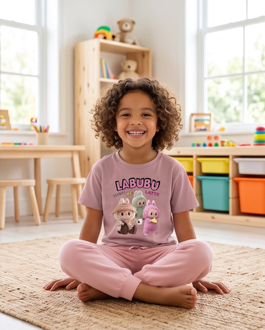 Niña con camiseta Rosa Vieja Labubu Dress Be Latte de frente