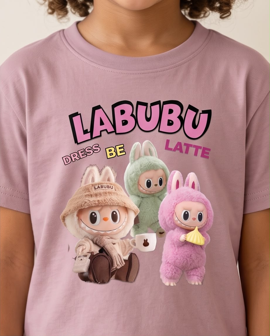 Niña corriendo con camiseta Labubu trío Rosa Vieja