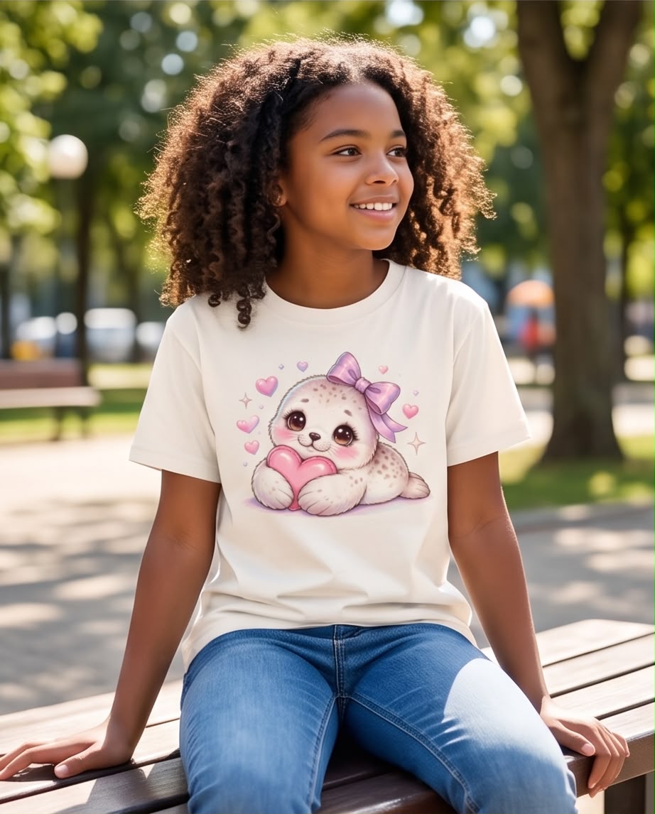 Camiseta Vainilla con foquita y corazón rosa, vista cercana