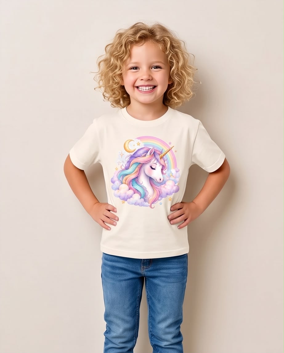 Niña con camiseta Vainilla de unicornio arcoíris al aire libre