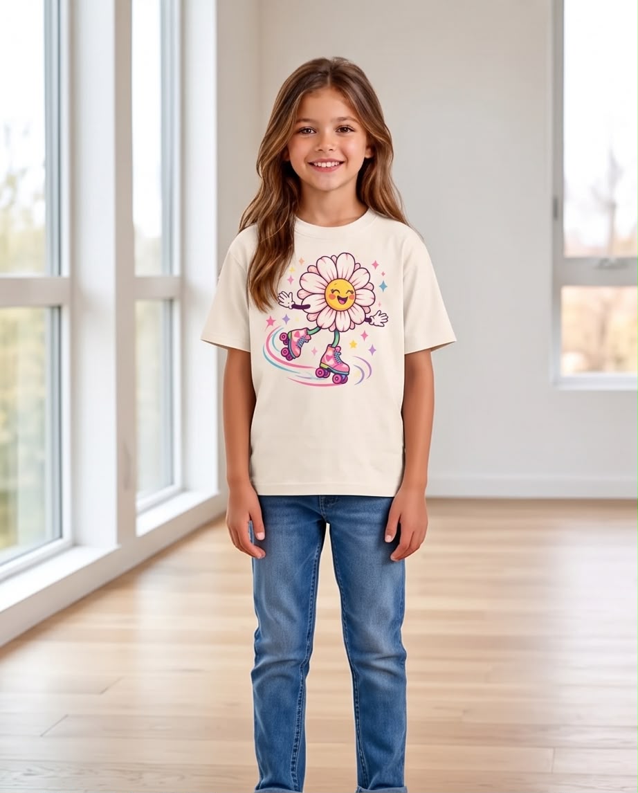 Niña corriendo con camiseta Vainilla de margarita en patines