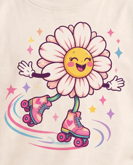 Detalle del estampado de margarita sonriente con patines rosas