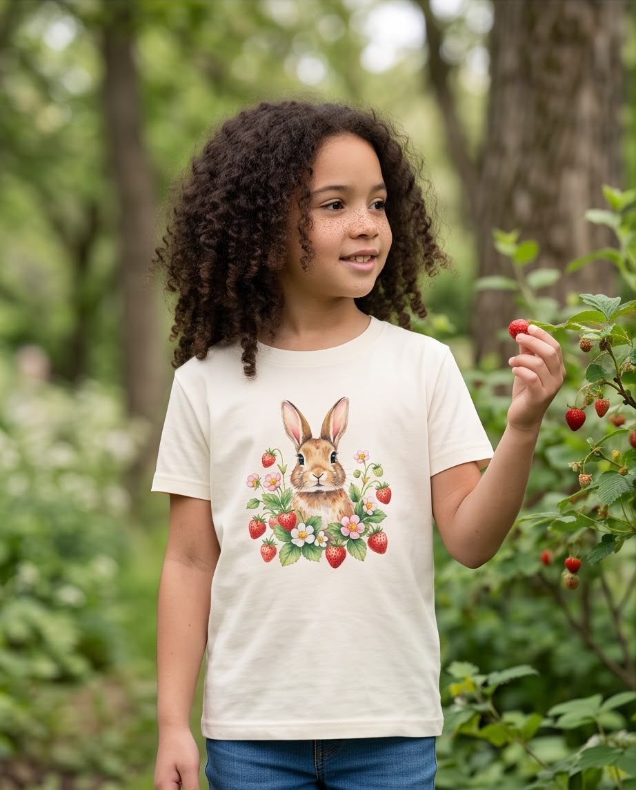 Niña con camiseta Vainilla de conejito y fresas al aire libre