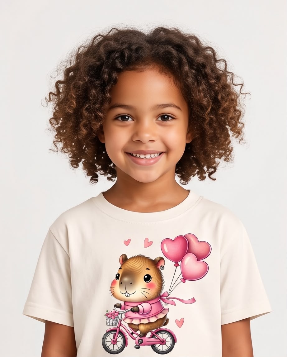 Niña con camiseta de capibara en bicicleta, otra vista frontal