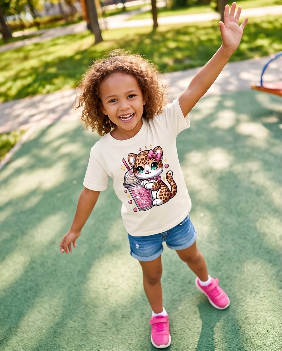 Niña jugando con camiseta de gatita y bebida rosa