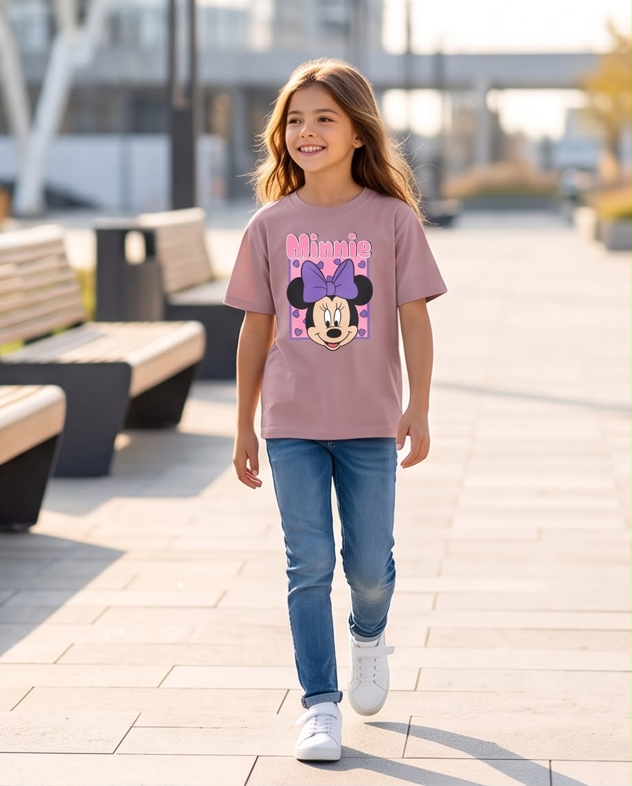 Niña sentada con camiseta Minnie lazo morado Rosa Vieja