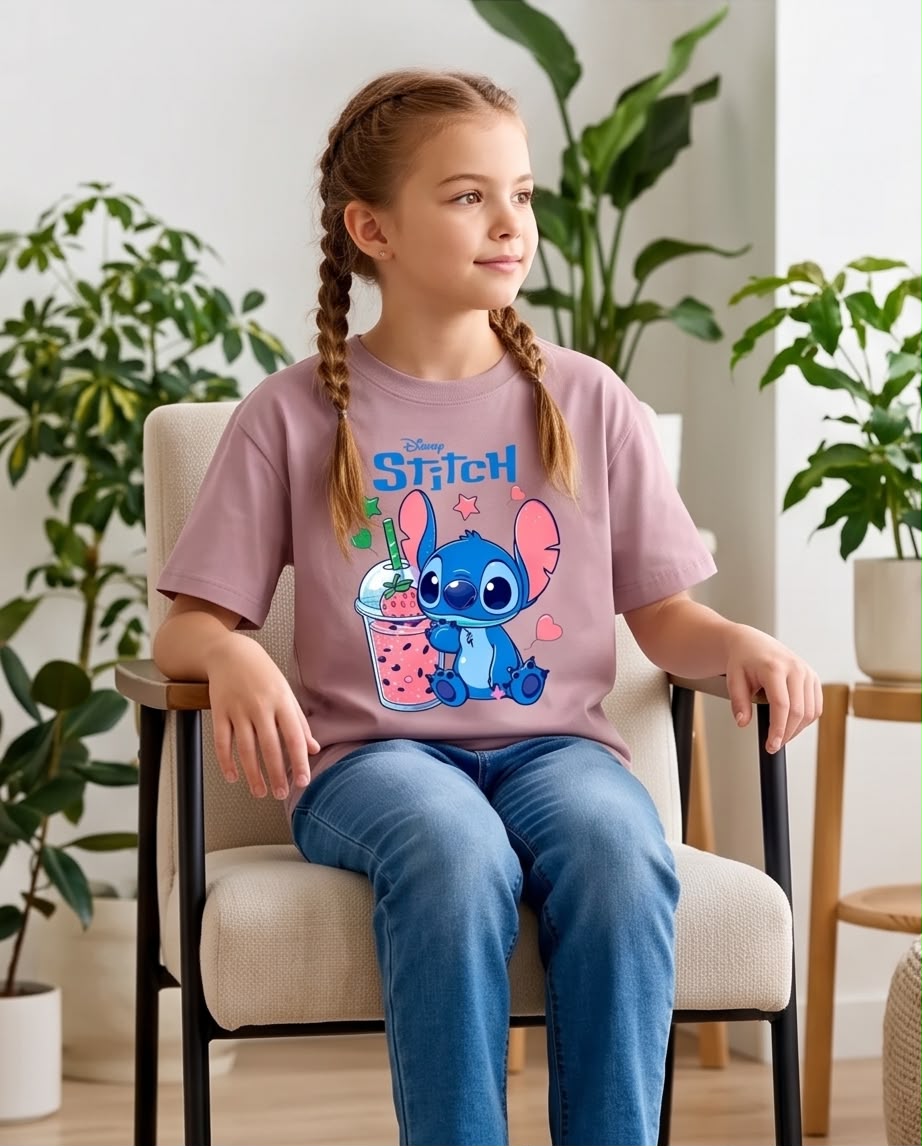 Niña de perfil con camiseta Stitch bebida de fresa Rosa Vieja