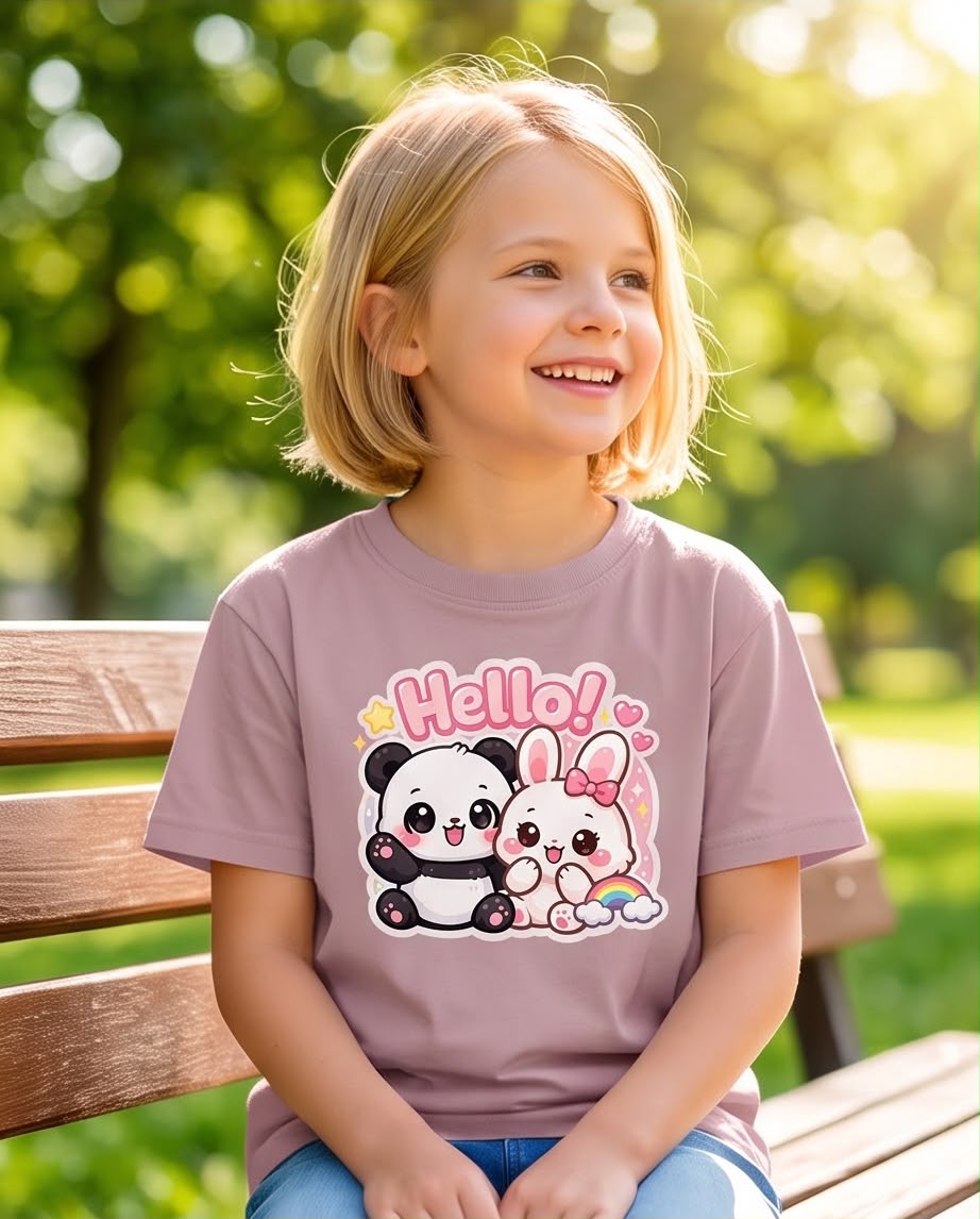 Vista de cuerpo completo de camiseta Panda y Conejita Hello Rosa Vieja