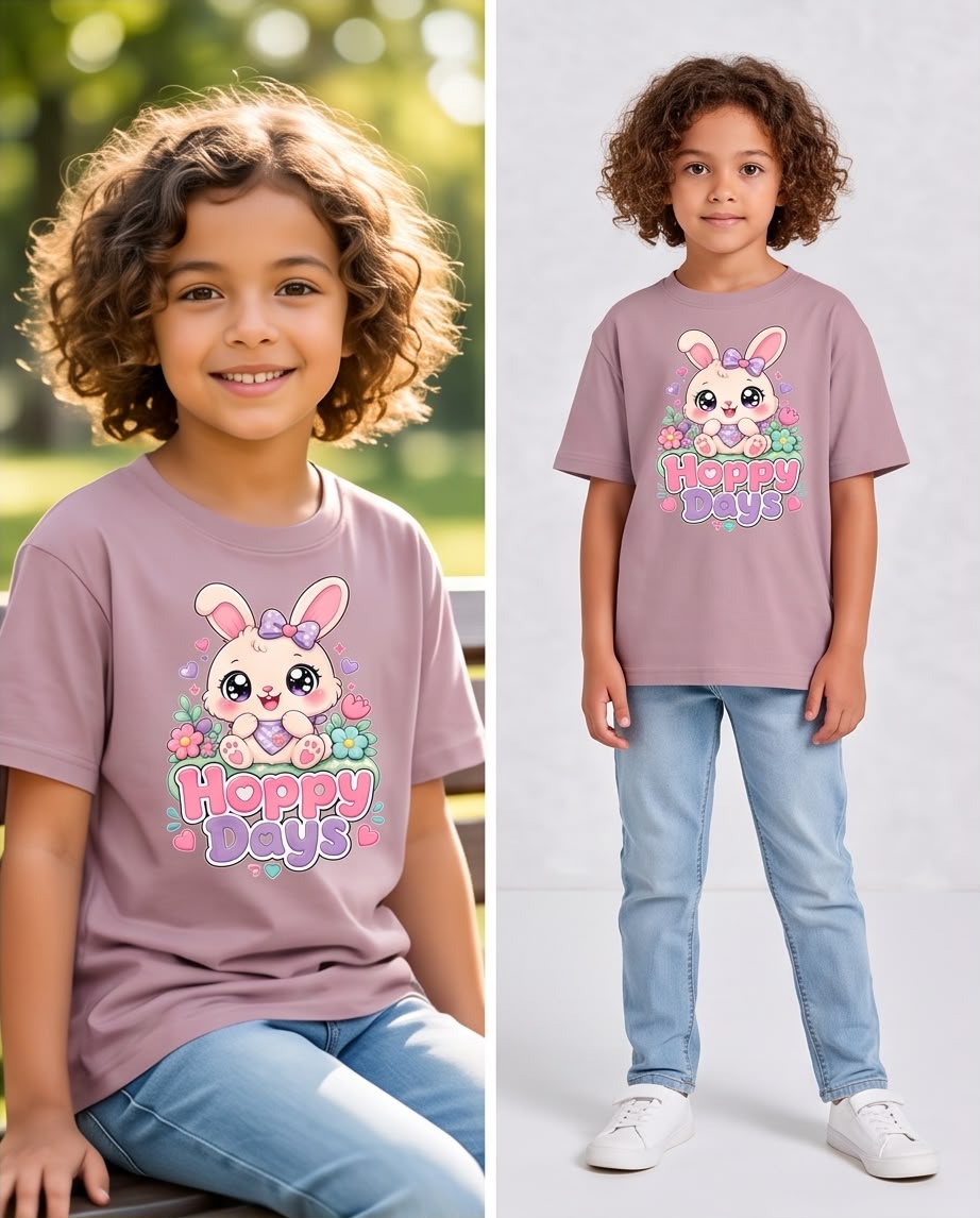 Dos vistas de camiseta Conejita Hoppy Days Rosa Vieja