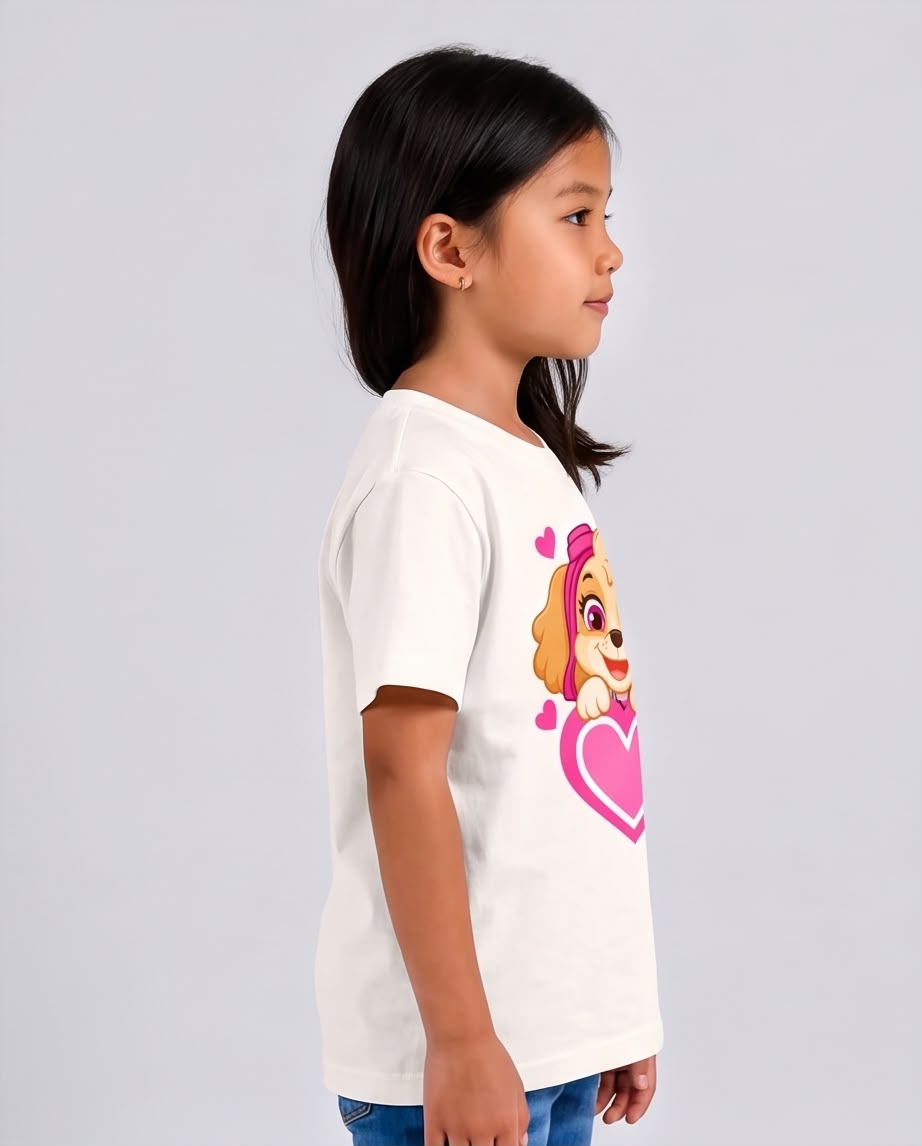 Niña jugando con camiseta Skye y corazón rosa