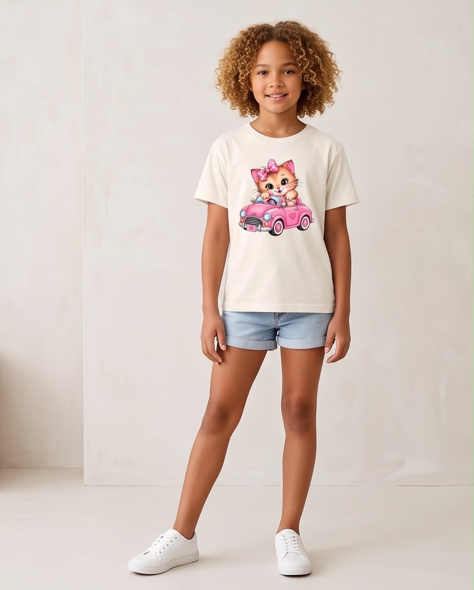Niña sentada con camiseta de gatita en carro rosa
