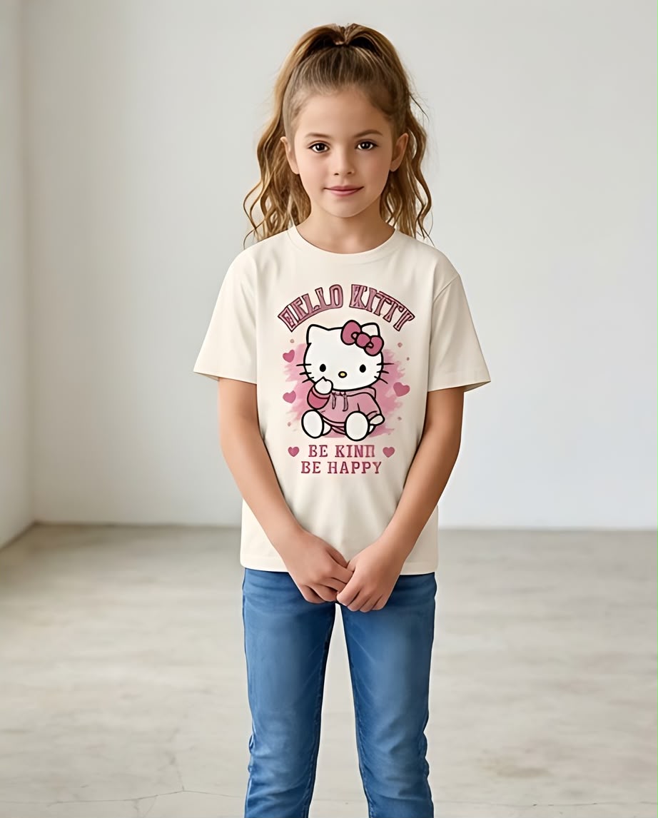 Niña de cuerpo entero con camiseta Hello Kitty Be Kind Be Happy
