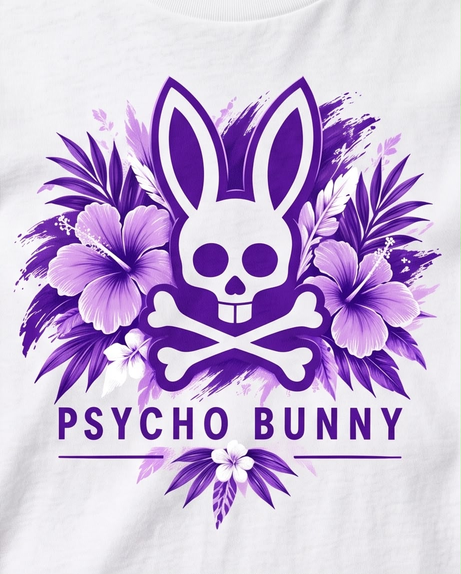 Detalle del estampado Psycho Bunny con flores violetas y conejo