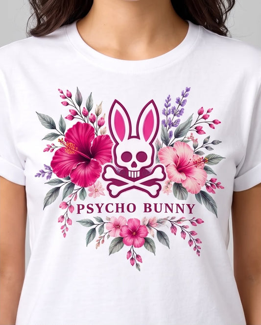 Camiseta blanca Psycho Bunny con flores fucsias, vista frontal