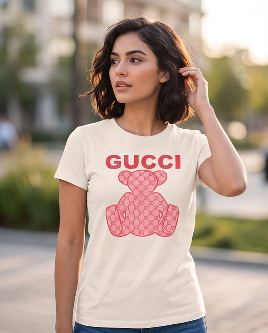 Camiseta vainilla Gucci oso rosa, vista frontal