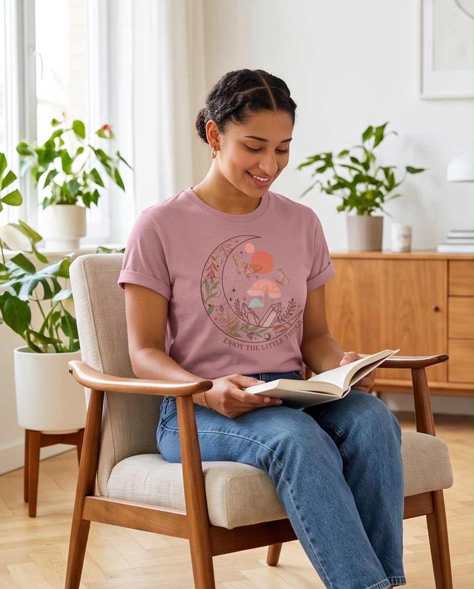 Camiseta rosa viejo Enjoy the Little Things en look leyendo