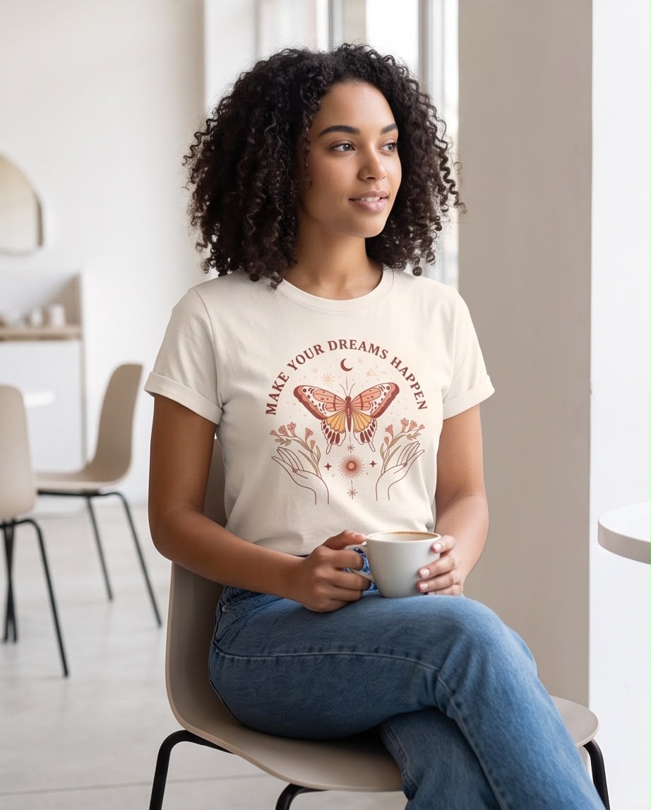 Camiseta vainilla de mujer con estampado de mariposa, vista frontal