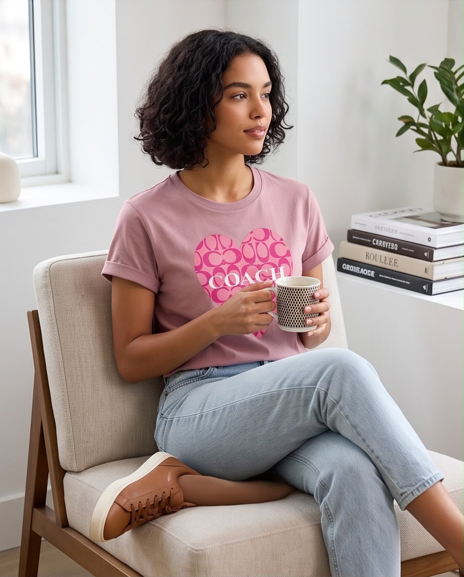 Detalle del corazón rosa y texto Coach New York en camiseta rosa viejo