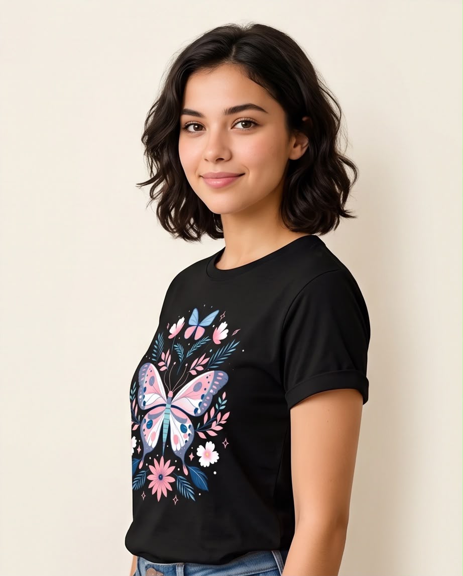 Camiseta negra mariposa floral rosa azul para mujer, vista frontal