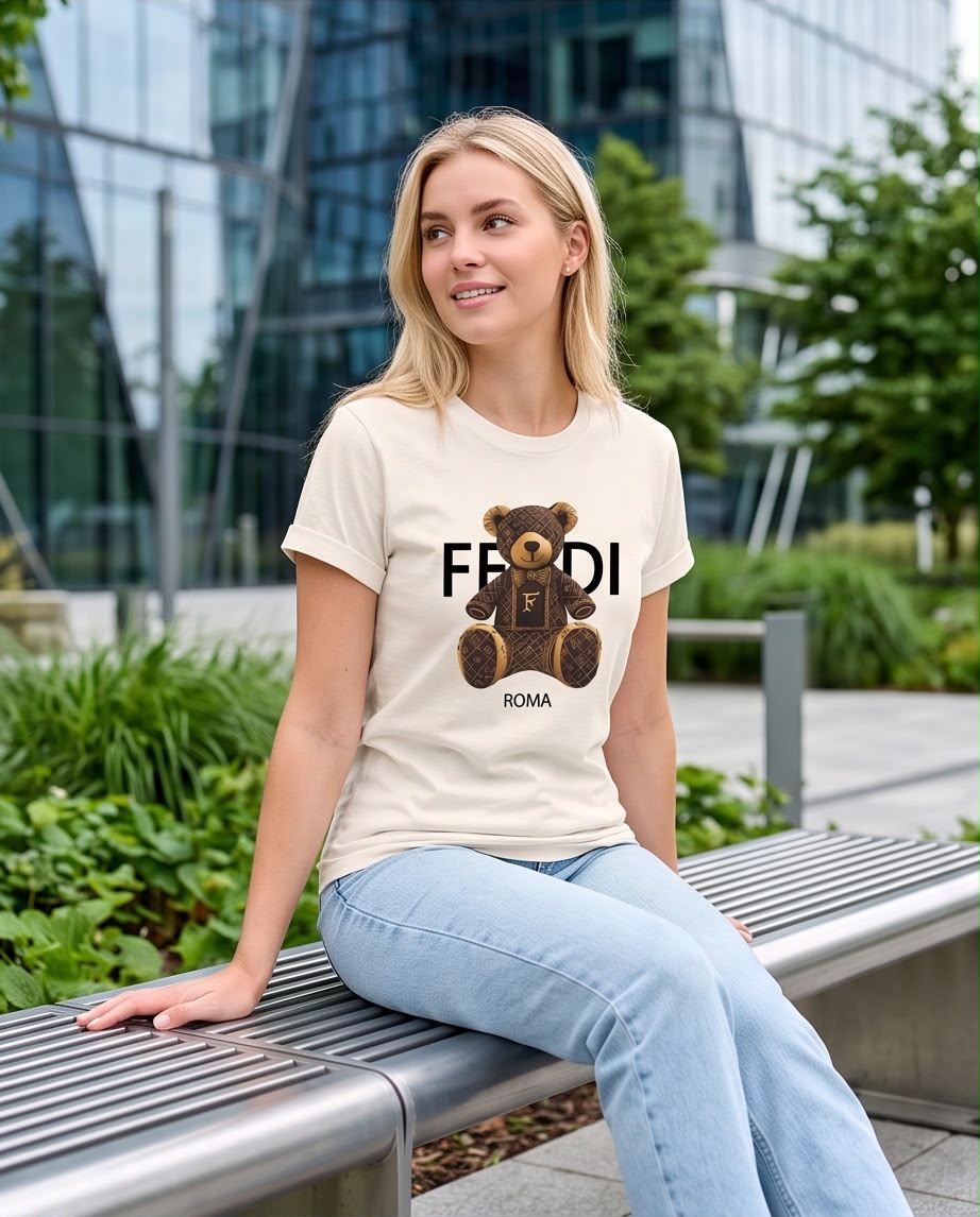 Detalle del estampado de oso marrón sobre letras FENDI y palabra ROMA