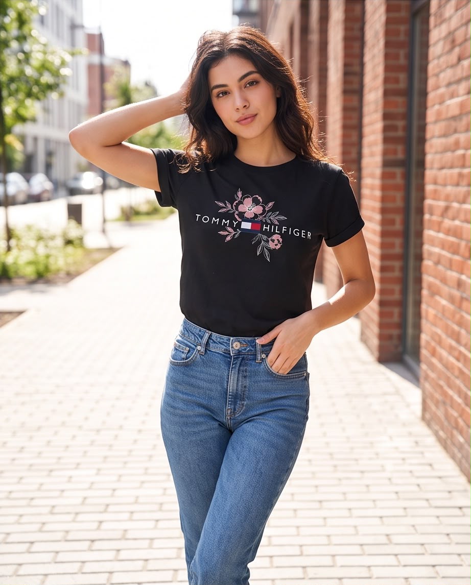 Camiseta negra Tommy Hilfiger con flores rosadas, vista lateral