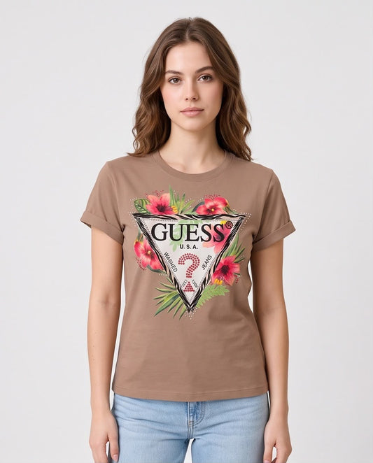 Camiseta camel Guess floral hibiscos para mujer, vista frontal