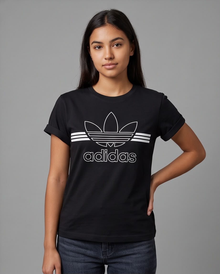 Camiseta negra adidas con franjas blancas y trébol grande, modelo de frente