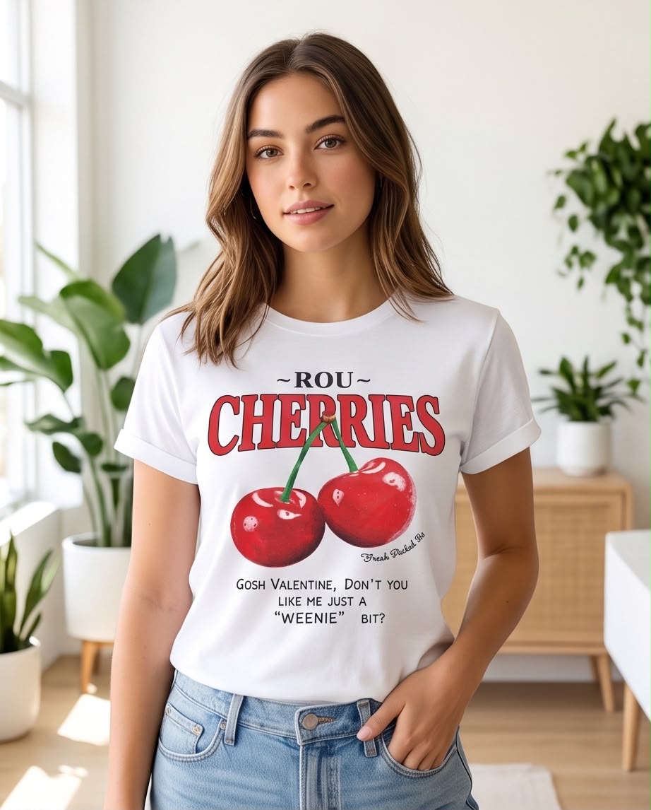Camiseta blanca Rou Cherries cerezas en modelo