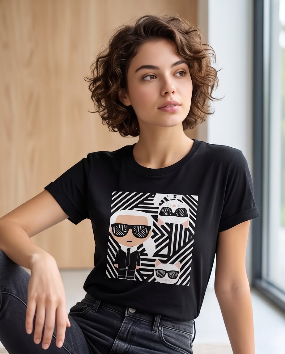 Detalle de Karl y dos Choupette con gafas sobre fondo geométrico