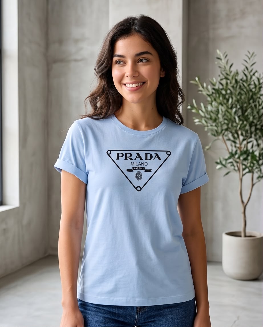 Camiseta azul claro Prada Milano en modelo en interior