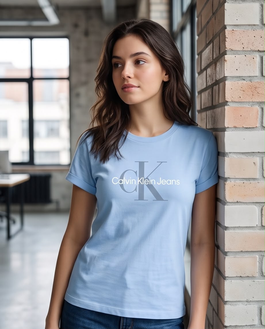 Camiseta azul claro Calvin Klein Jeans monograma gris look frontal