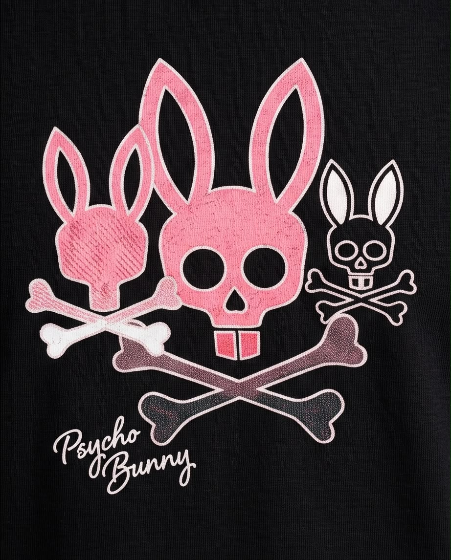 Detalle del estampado de tres conejos rosa y blanco con huesos cruzados