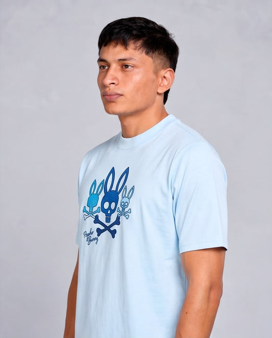 Camiseta azul claro Psycho Bunny triple conejo, vista lateral