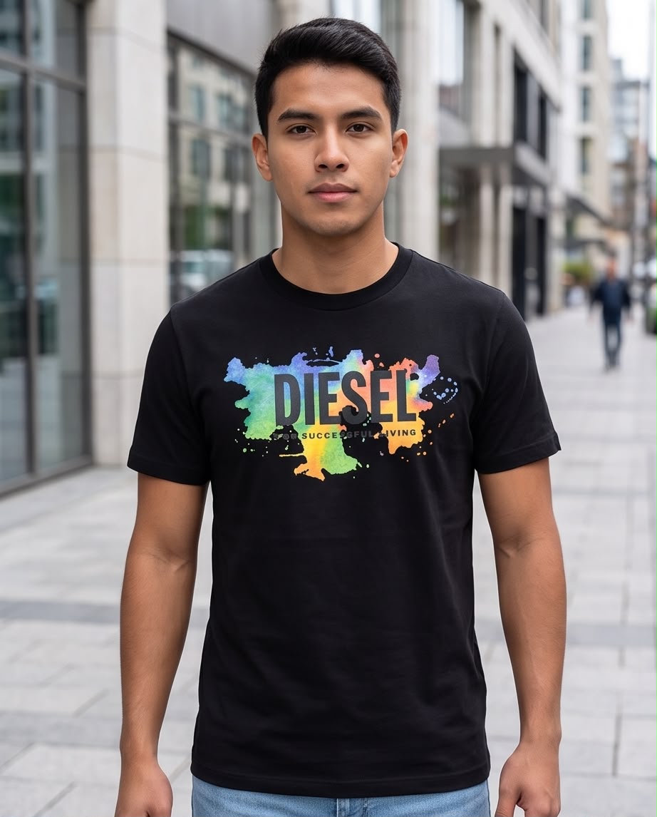 Camiseta negra Diesel Acuarela Multicolor en exterior