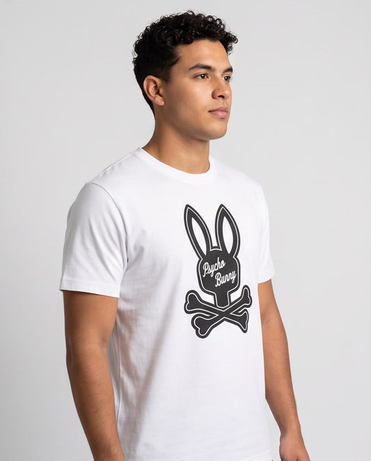 Camiseta blanca Psycho Bunny conejo negro con letras cursivas, vista frontal