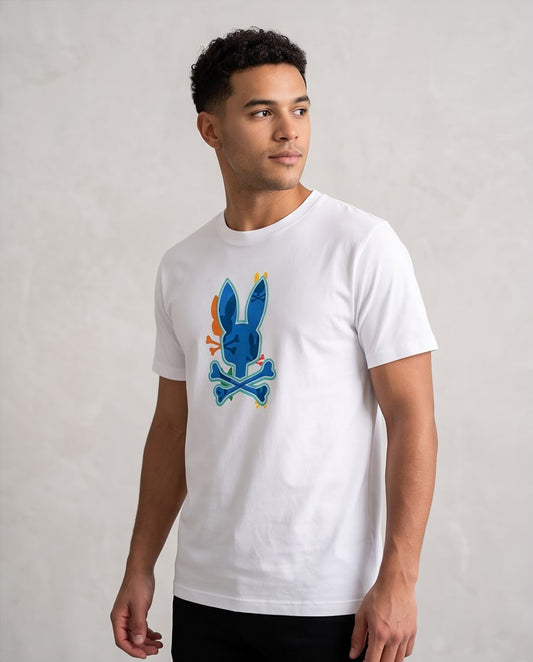Camiseta Psycho Bunny blanca con conejo azul multicolor, vista frontal