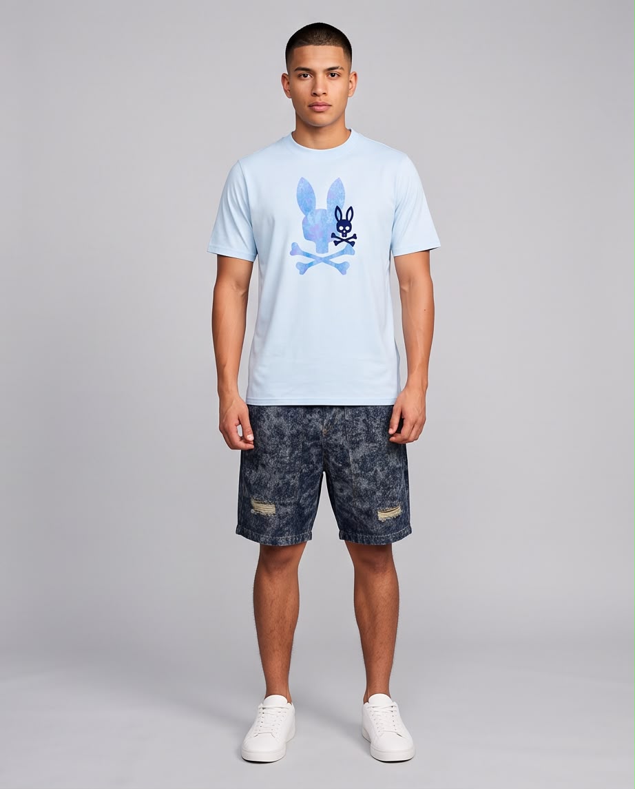 Camiseta Psycho Bunny Doble Conejo Pastel azul claro, cuerpo completo
