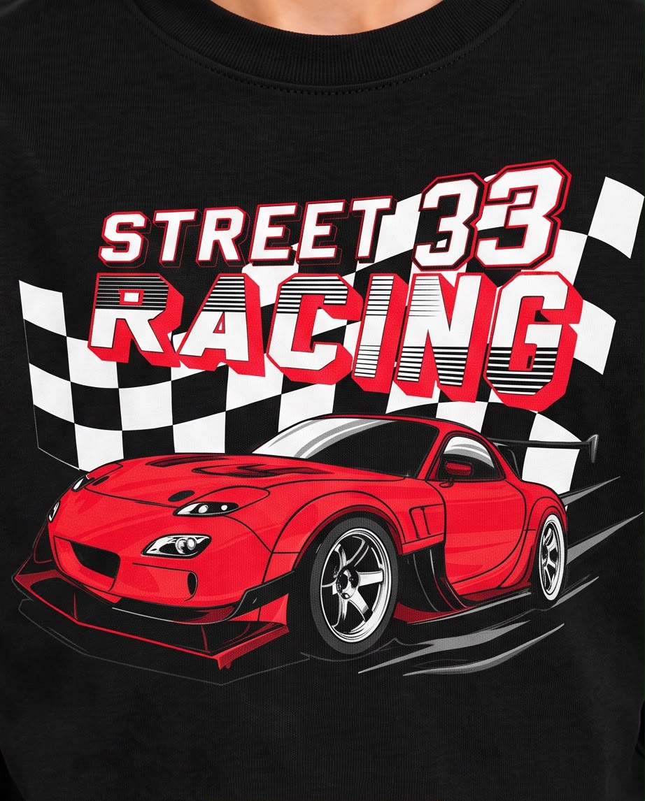 Camiseta Niño Street Racing 33 Auto Rojo Negra Semi Oversize