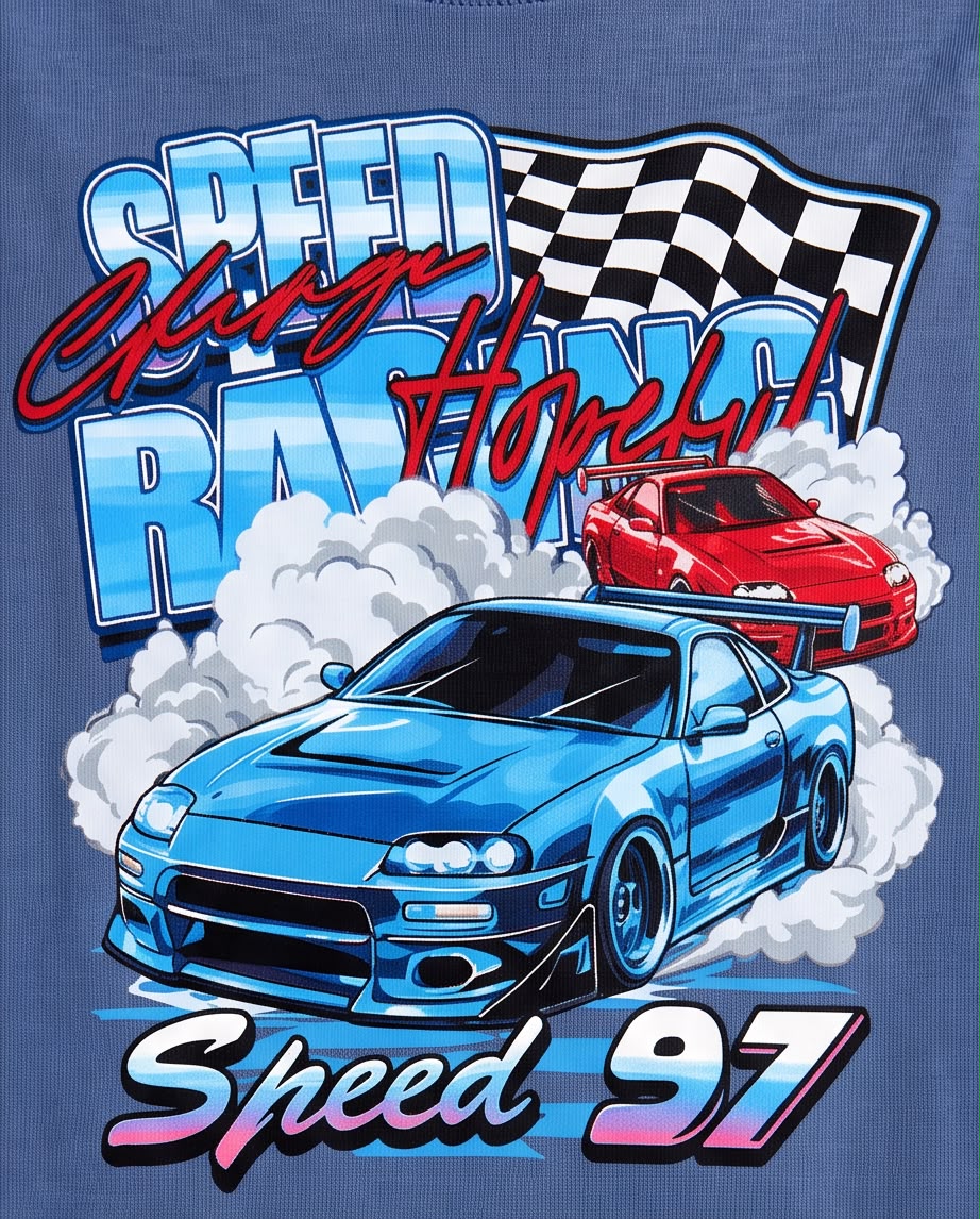 Camiseta Niño Speed 97 Autos Azul Acero Semi Oversize