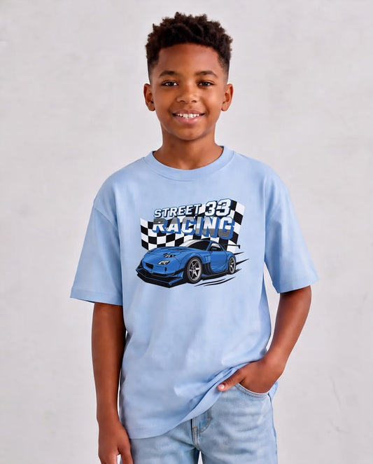 Camiseta Niño Street Racing 33 Auto Azul Azul Cielo Semi Oversize