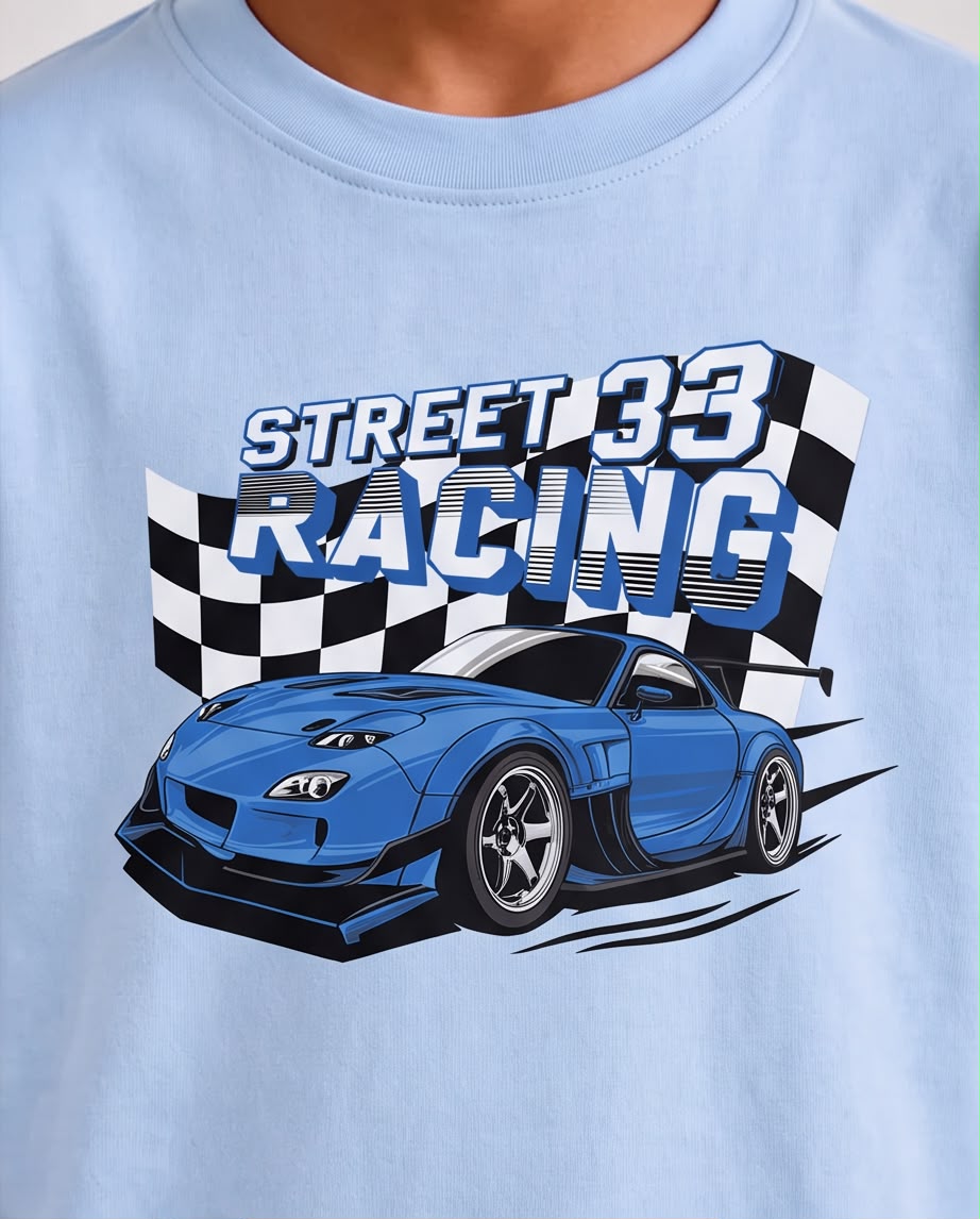 Camiseta Niño Street Racing 33 Auto Azul Azul Cielo Semi Oversize