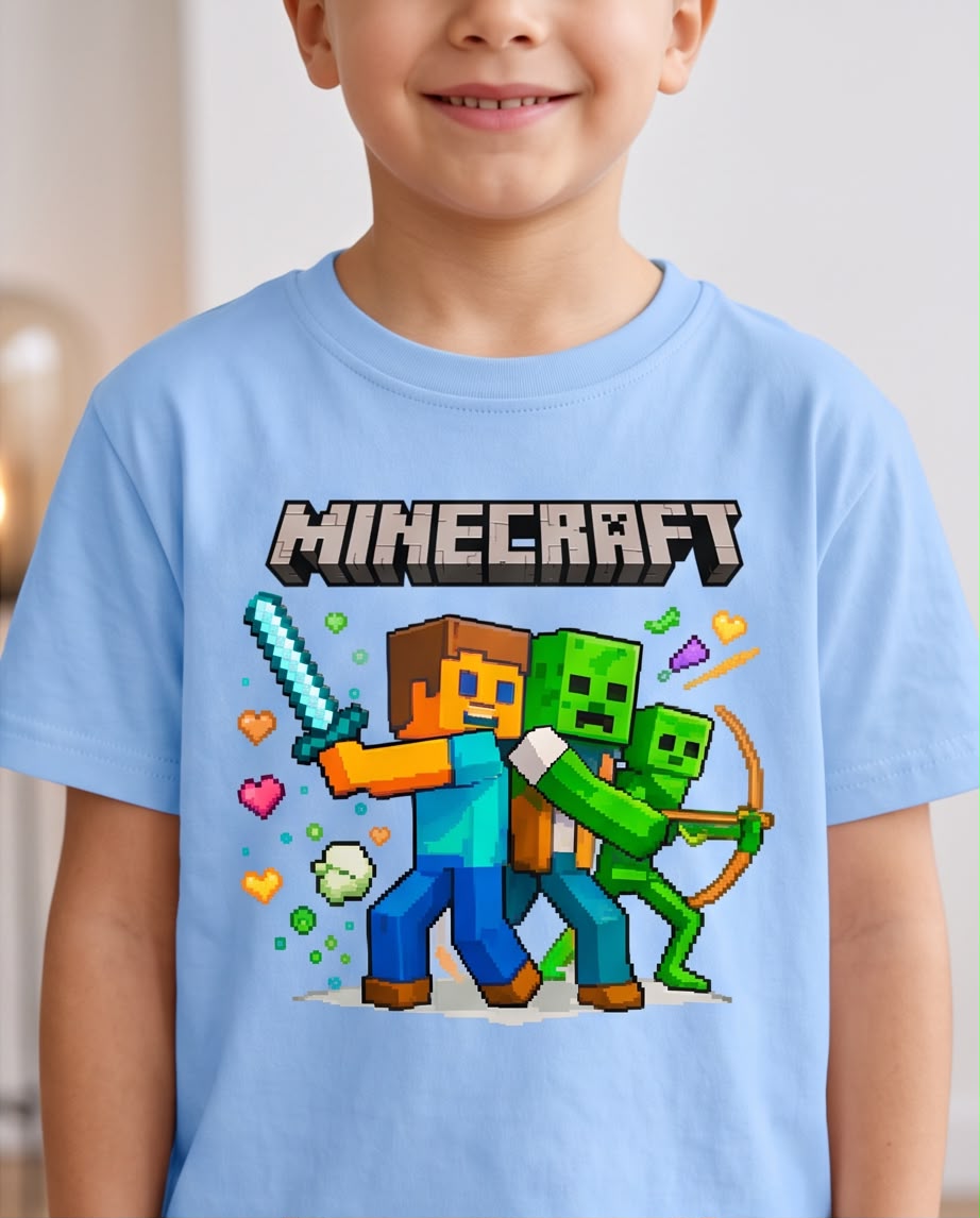 Camiseta Niño Minecraft Espada y Arco Azul Cielo Semi Oversize