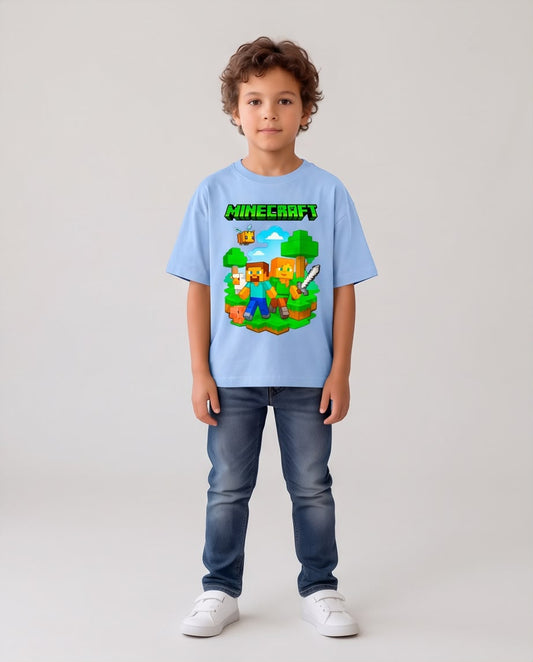Camiseta Niño Minecraft Steve y Alex Bosque Azul Cielo Semi Oversize